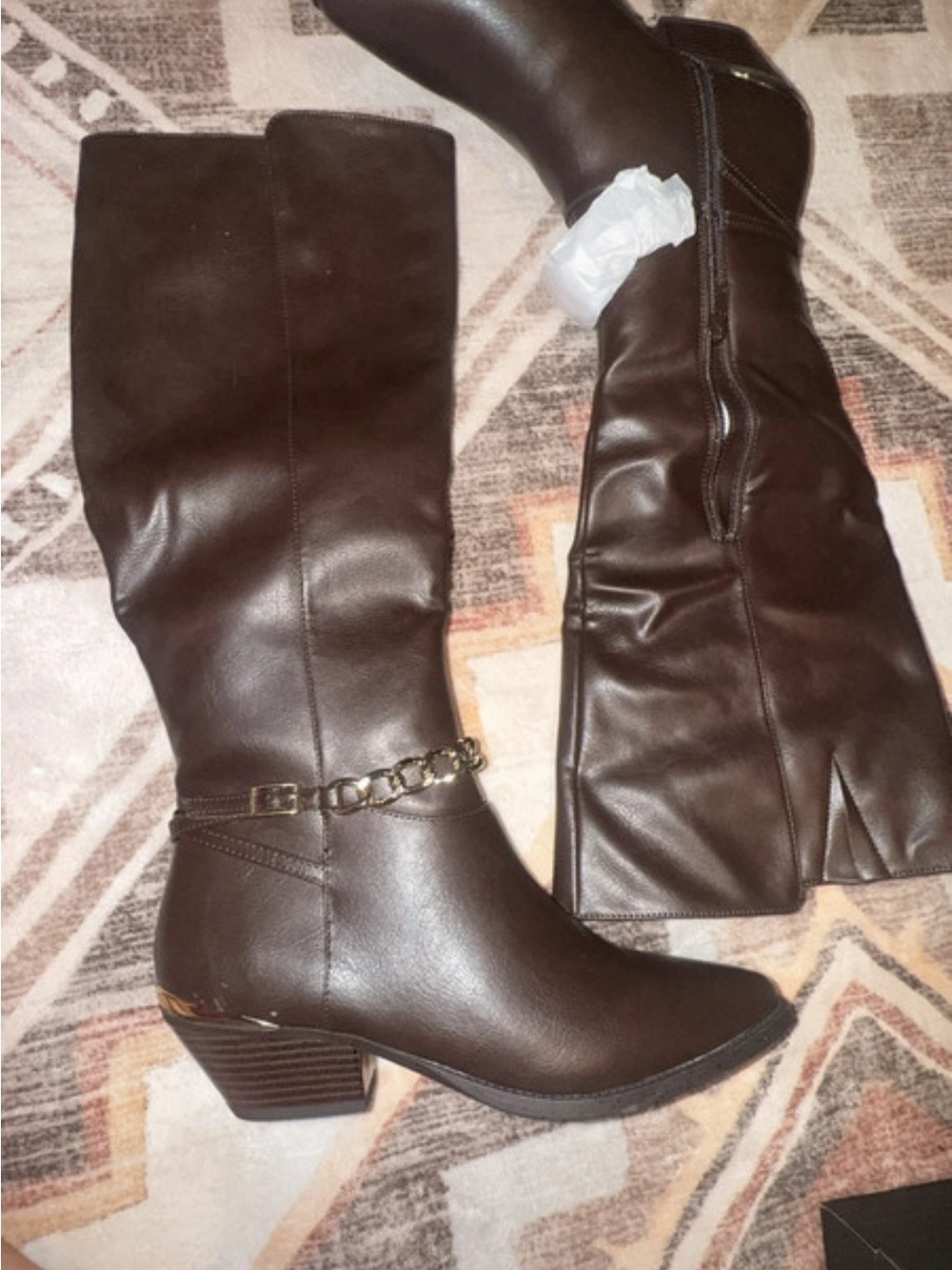 Shoe Dazzle Dark Brown Mid-Calf Heeled Boots with Chain Accent